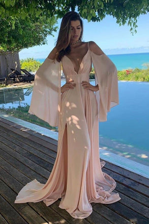 Simple Cold Shoulder Chiffon Long Prom Dress Pink Slit Evening Dress PDQ49