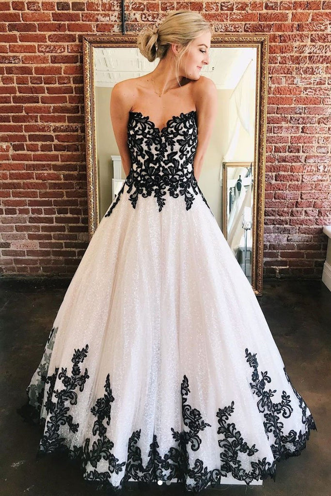 A Line Sweetheart Long Elegant Prom Dress With Black Lace Appliques PDS87
