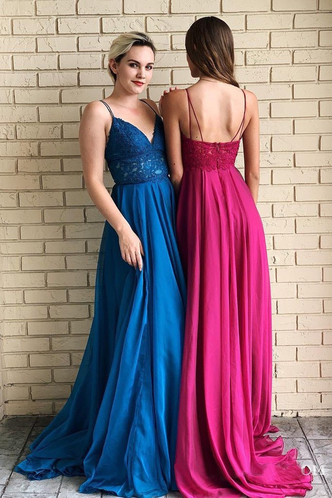 Spaghetti Straps A-Line Long Cheap Prom Dresses with Lace Top PDO54