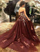 Strapless Burgundy Sleeveless Long Prom Dress with Appliques PDH36