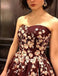 Strapless Burgundy Sleeveless Long Prom Dress with Appliques PDH36