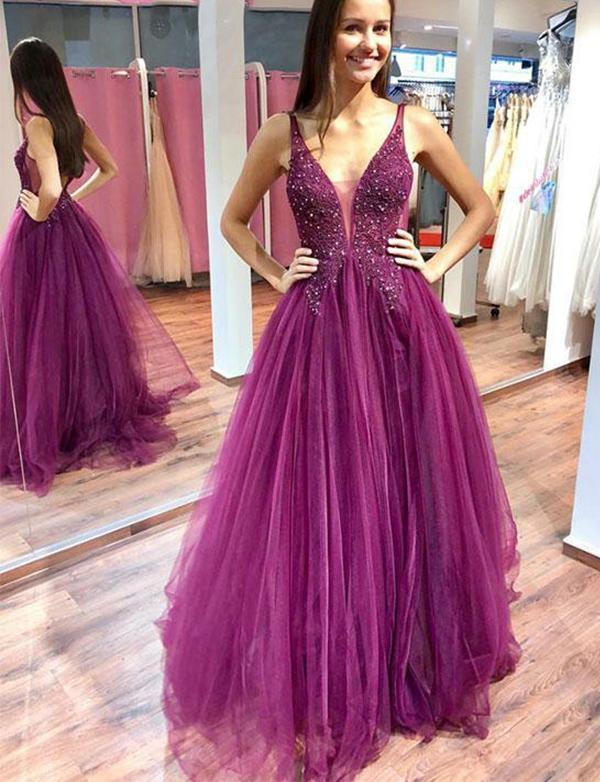 A Line Purple Tulle Beading Long Prom Dresses with Appliques PDH93
