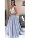 A-line V-neck Tulle Blue Long Prom Dresses with Lace Appliques, Cheap Evening Dress TD40