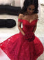Elegant Red Mermaid Lace Prom Dresses Off the Shoulder Sweetheart Evening Dresses TD122