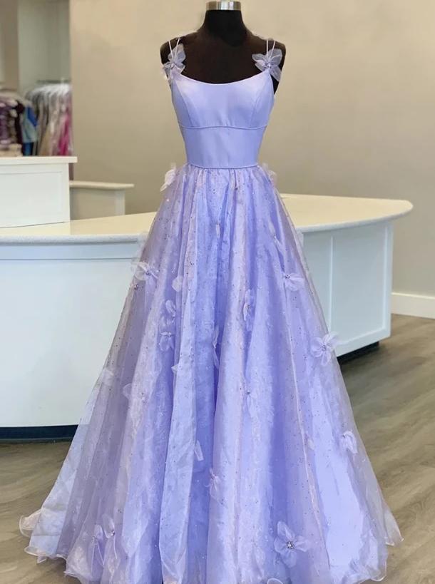 Lilac tulle long a line prom gown handmade flower evening dress mg166