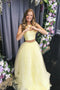 Unique A Line Two Pieces Yellow Long Tulle Prom Dresses Round Neck Dance Dresses PD177