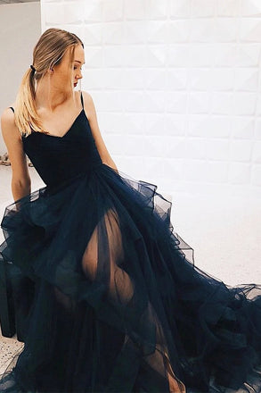 A Line Spaghetti Straps V Neck Dark Navy Blue Prom Dresses, Tulle Formal Dresses PD178