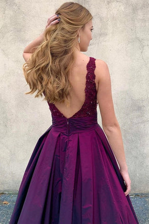 V neck purple long a-line prom dresses, satin lace top formal evening dresses mg06