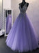 Simple A Line V Neck Tulle Beaded Long Prom Dresses, Backless Formal Dresses TD06