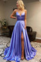 Simple A Line Spaghetti Straps Satin Backless Prom Dresses, Long Split Evening Dresses TD128