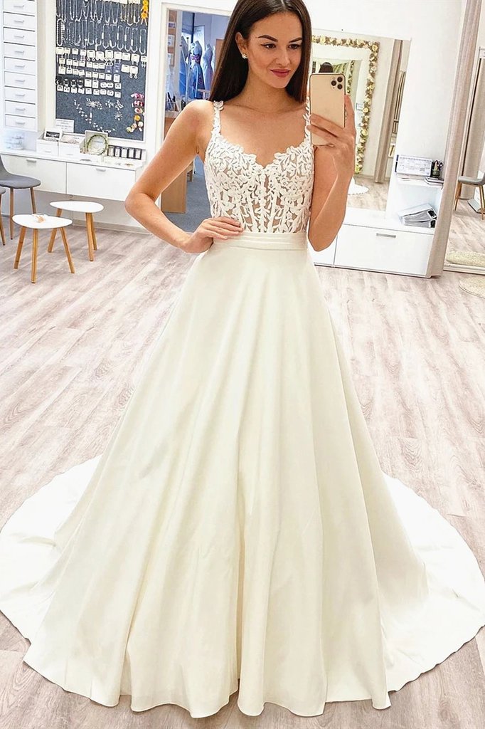 A-line V-neck Spaghetti Straps Wedding Gowns, Lace Appliques Ivory Wedding Dresses WD02