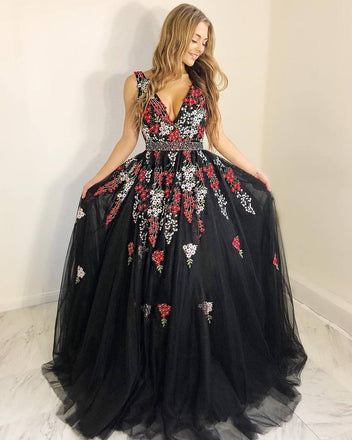 Charming V-Neck Black Floral Appliques Beading Sleeveless Long Prom Dress PDI40