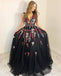 Charming V-Neck Black Floral Appliques Beading Sleeveless Long Prom Dress PDI40