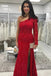 Unique One Shoulder Long Sleeves Lace Mermaid Red Prom Evening Dresses with Split TD113