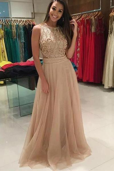 A-line Round Neck Beaded Long Tulle Prom Evening Dresses With See Through Back TD25