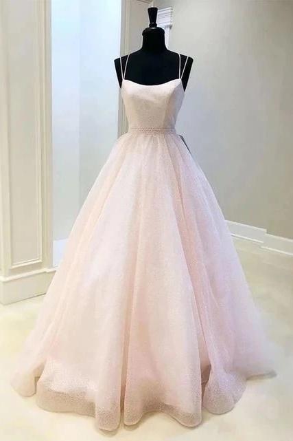 Elegant A Line Spaghetti Straps Pink Tulle Long Prom Dresses, Scoop Evening Dresses PD158