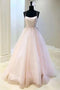 Elegant A Line Spaghetti Straps Pink Tulle Long Prom Dresses, Scoop Evening Dresses PD158