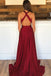 Burgundy v neck long prom dresses, backless formal evening dresses mg15