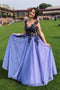 A Line Long SLeeves Blue Lace Appliques Prom Dresses PDP84