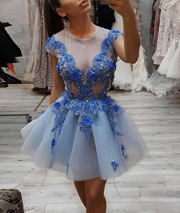 Blue Round Neck Lace Appliques Short Prom Dress, Blue Tulle Evening Dress PDP52