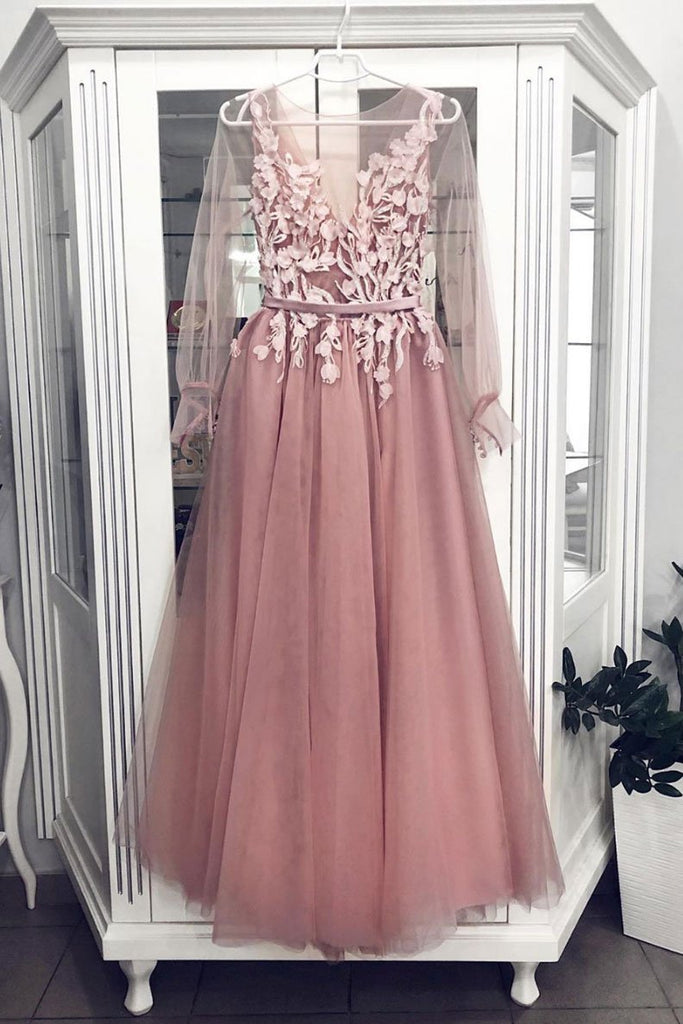 Pink A Line Tulle Long Sleeves Floor Length Prom Dress PDP75