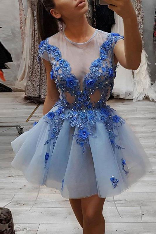 Blue Round Neck Lace Appliques Short Prom Dress, Blue Tulle Evening Dress PDP52