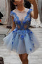 Blue Round Neck Lace Appliques Short Prom Dress, Blue Tulle Evening Dress PDP52