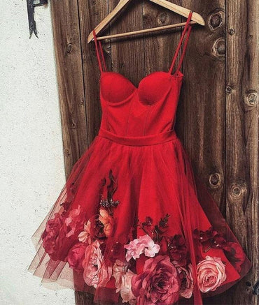 Burgundy Tulle Short Prom Dress, Spaghetti Straps Homecoming Dress With Flowers PDL79