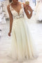 Unique V Neck Lace Applique Long Prom Dress A Line Tulle Formal Dresses PDQ37