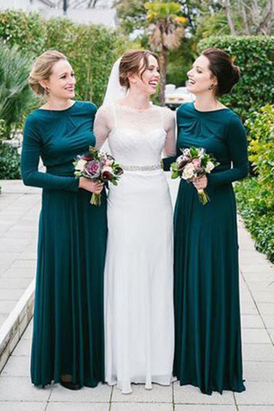 New Arrival Jewel Neck Long Sleeves Dark Green Bridesmaid Dress PPD97