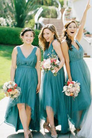 High-Low Teal V Neck A Line Bridesmaid Dress with Pleats PPD96