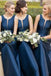 Simple A-Line Satin Navy Blue Bridesmaid Dress with Illusion V Inset PDN2
