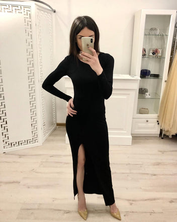 Sheath Long Sleeves Split Black Sexy Prom Dresses, Formal Evening Dresses PDI80