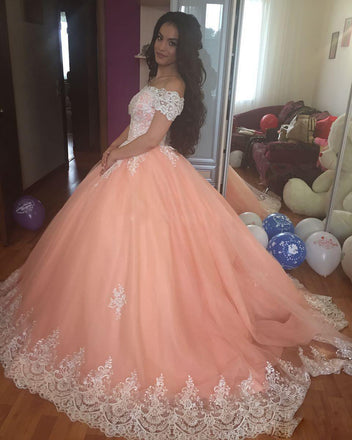 Off the Shoulder Lace Appliques Ball Gown Cheap Prom Dresses,Quinceanera Dresses PDH96