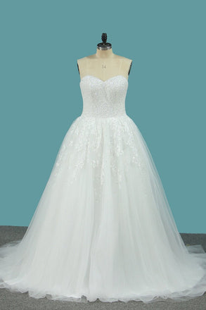 Sweetheart Tulle A Line Wedding Dresses With Applique Beads Sweep Train PDE75