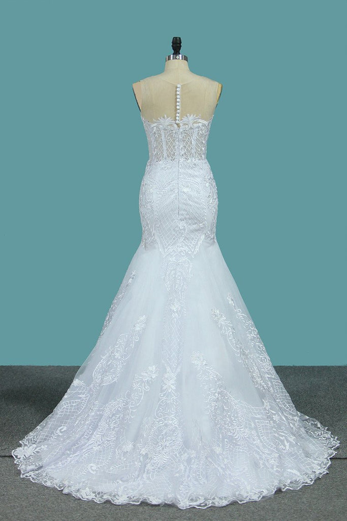 New Arrival Tulle Scoop Wedding Dresses Mermaid With Lace Applique PDE77