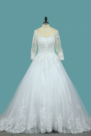 A Line 3/4 Sleeves Tulle Scoop Wedding Dresses With Applique PDE73