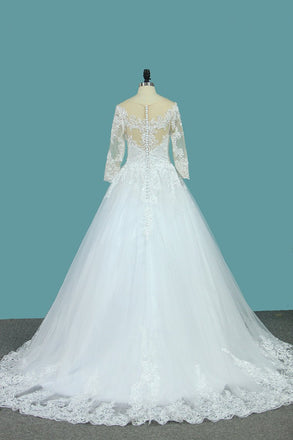 A Line 3/4 Sleeves Tulle Scoop Wedding Dresses With Applique PDE73
