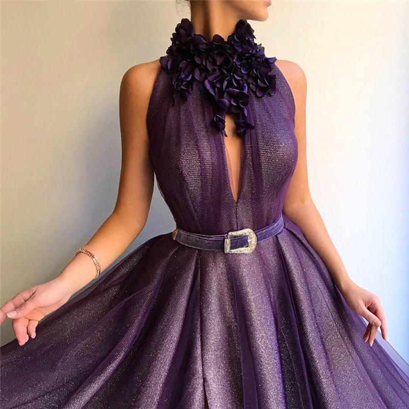 Purple Long A-line Split Cheap Prom Dresses With Flowers PDH56