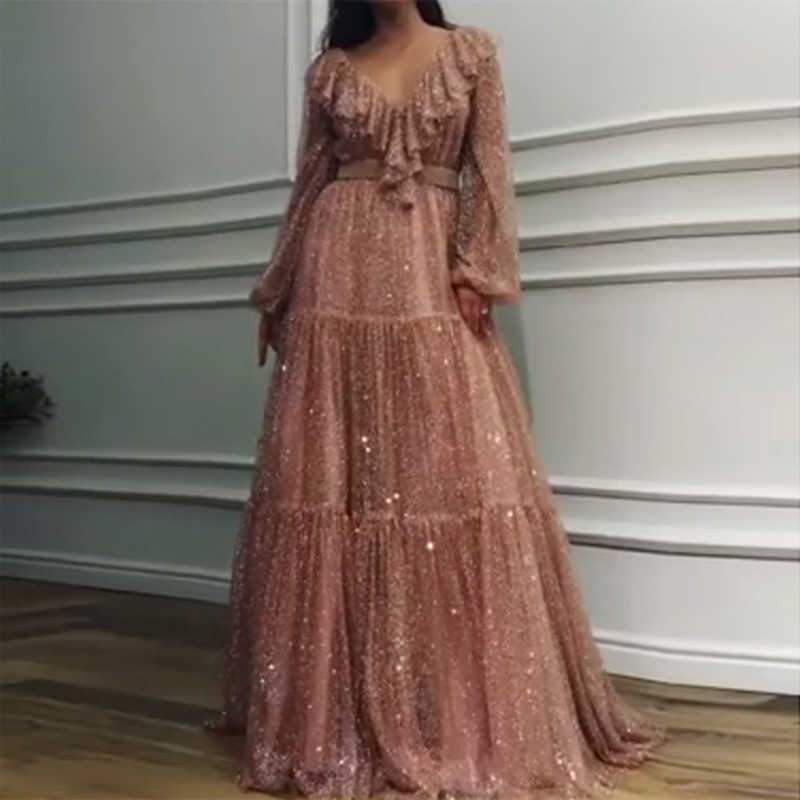 Sparkle V-neck Long Sleeves V-neck Pink Evening Prom Dresses with Ruffles PDH92