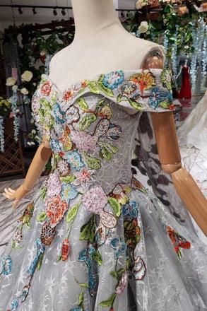 Princess Prom Dresses Off The Shoulder Lace Up Back Appliques Tulle PDL18