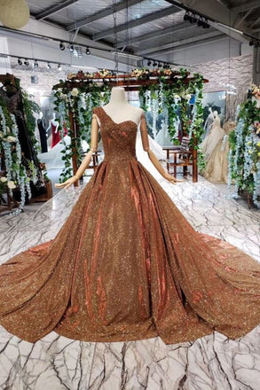 Brown One Shoulder Lace Up Back Sequins Beads Prom Dresses PDL19