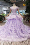 Lilac Short Sleeves Lace Up Back Appliques Tulle Princess Prom Dresses PDL20