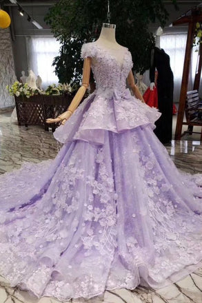 Lilac Short Sleeves Lace Up Back Appliques Tulle Princess Prom Dresses PDL20