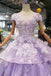 Lilac Short Sleeves Lace Up Back Appliques Tulle Princess Prom Dresses PDL20