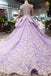 Lilac Short Sleeves Lace Up Back Appliques Tulle Princess Prom Dresses PDL20