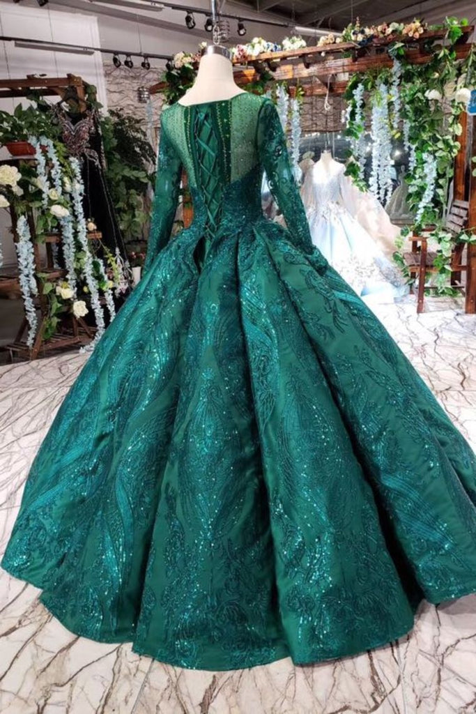 Scoop Long Sleeves Lace Up Back Green Prom Dresses PDL21