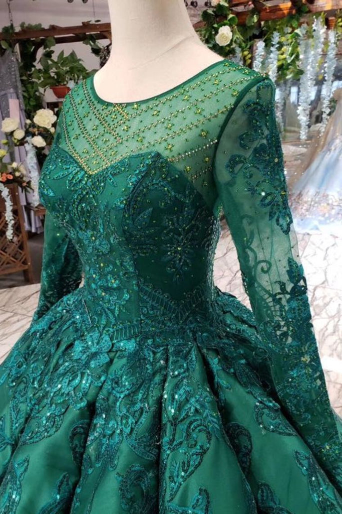 Scoop Long Sleeves Lace Up Back Green Prom Dresses PDL21