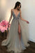 Long Backless Grey Sexy Prom Dresses with Slit Cheap Beaded Evening Gowns PDH62