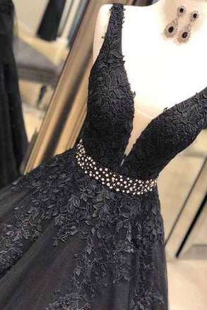 A Line Black Prom Dresses With Appliques, Formal Evening Dress PDJ58